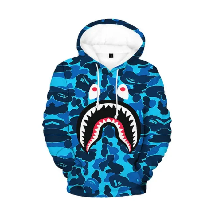 Long Sleeve 3D Printed Bape Shark Hoodie Blue